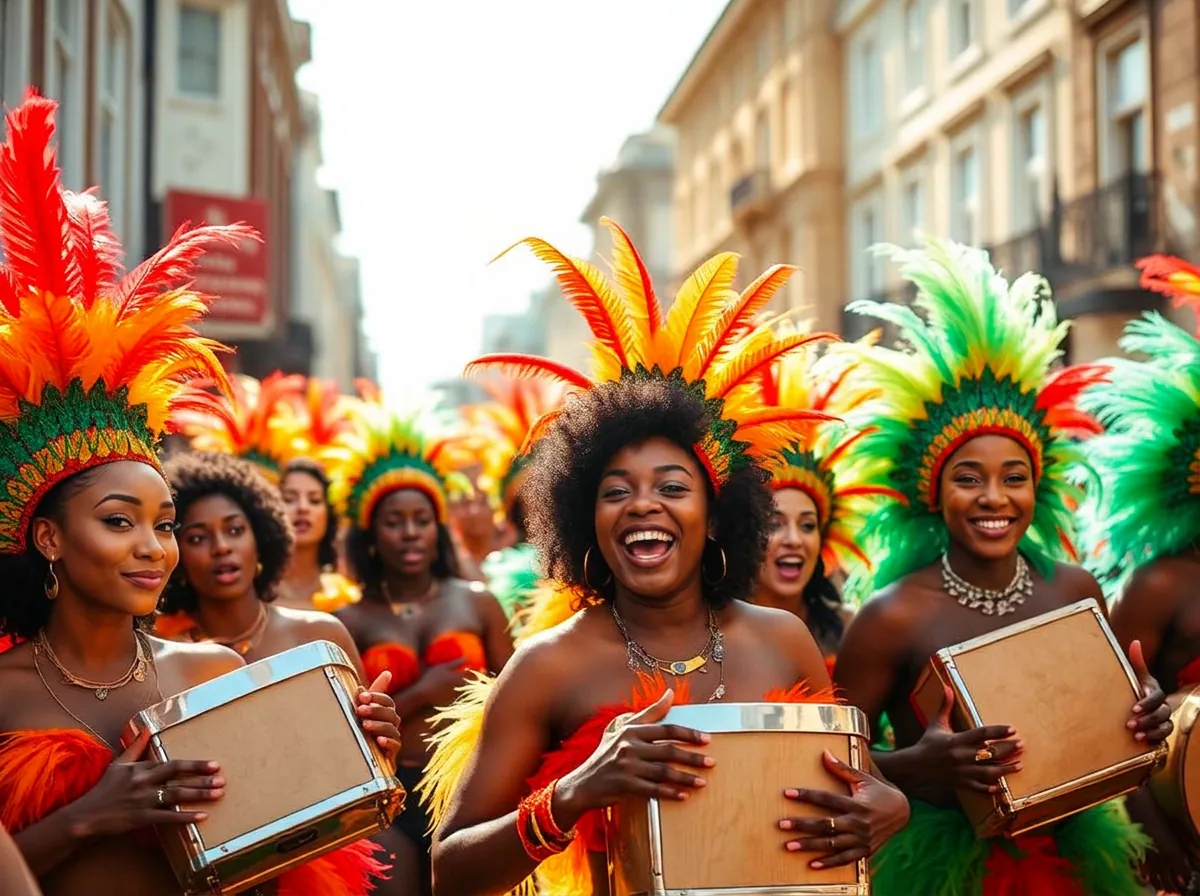 Carnival players of different backgrounds smiling in feathered costumes with steel drums